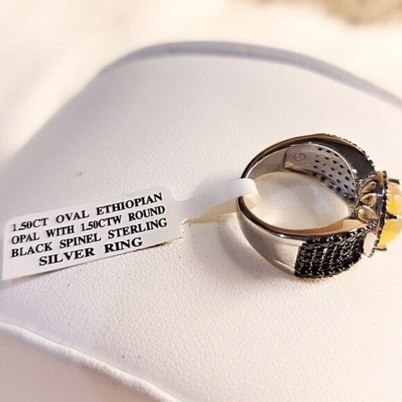 Ethiopian Opal ✦ Black Spinel Ring ✦ 925 Rhodium Oval Fire Gemstone Sz 5 NWT - Picture 5 of 6